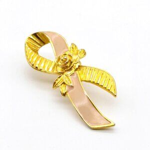 Large Avon Breast Cancer Ribbon Pin, Vintage Rose and Pink Enamel Awareness Tie